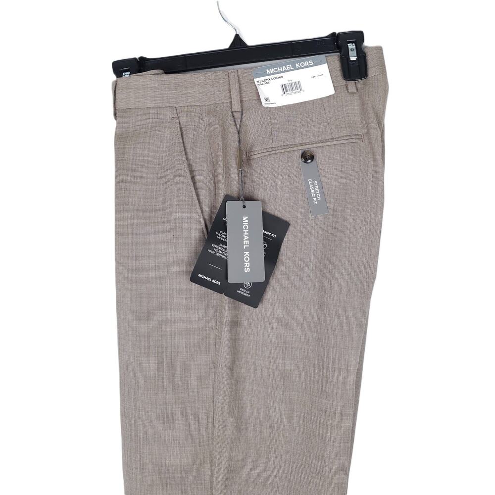 Michael Kors Mens Classic Fit Dress Pants 44x32 Tan Nailhead Stretch Wool NWT